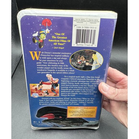 Disney Vtg Pinocchio 60th Anniversary Edition VHS Cassette Tape Mint! W/ Insert - Picture 3 of 8